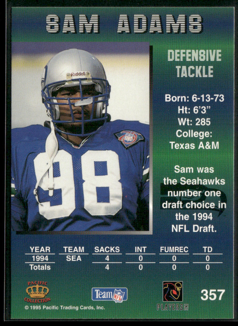 Sam Adams 1995 Pacific #357 Seattle Seahawks