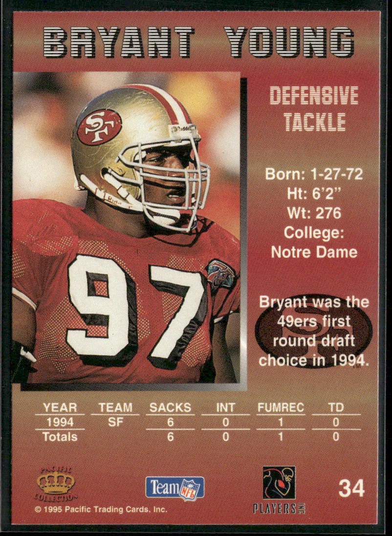 Bryant Young 1995 Pacific #34 San Francisco 49ers back