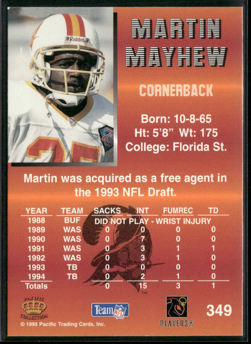 Martin Mayhew 1995 Pacific #349 Tampa Bay Buccaneers back