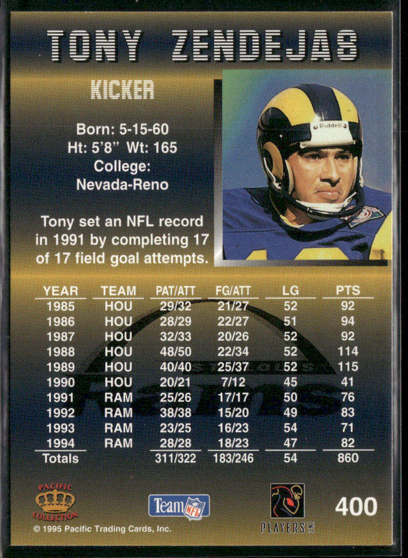 Tony Zendejas 1995 Pacific #400 St. Louis Rams