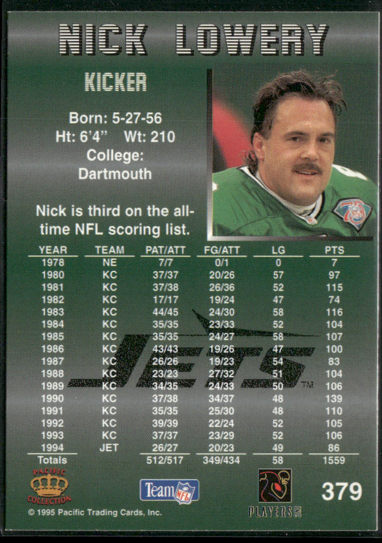 Nick Lowery 1995 Pacific #379 New York Jets