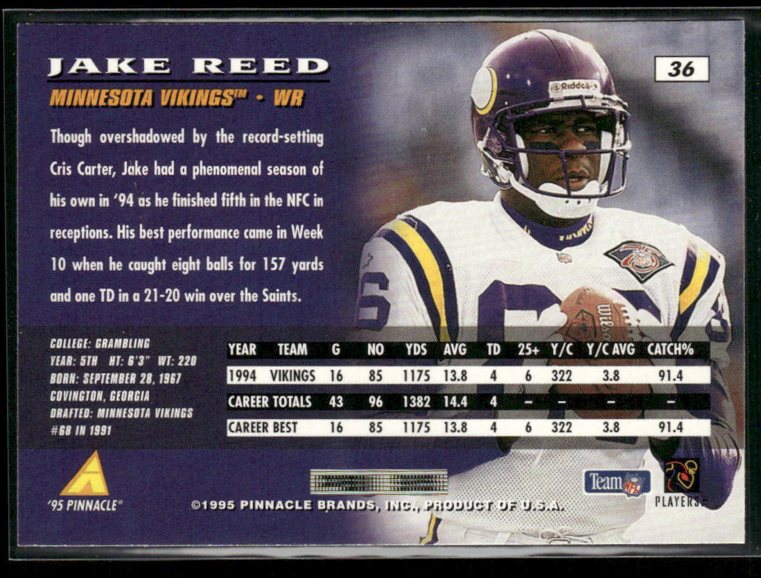 Jake Reed 1995 Pinnacle #36 Minnesota Vikings