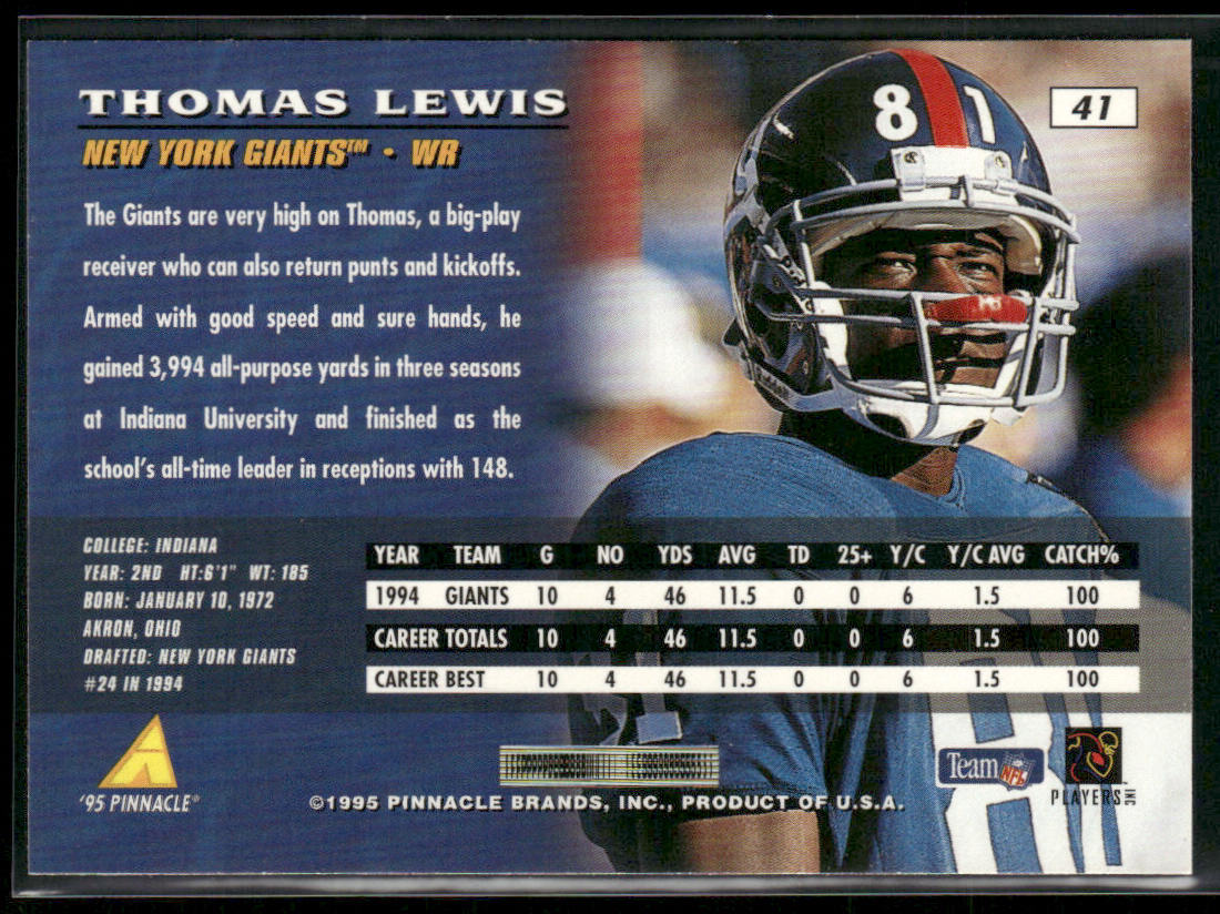 Thomas Lewis 1995 Pinnacle #41 New York Giants