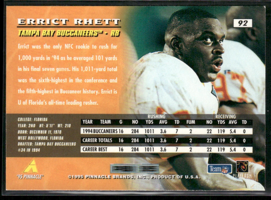 Errict Rhett 1995 Pinnacle #92 Tampa Bay Buccaneers