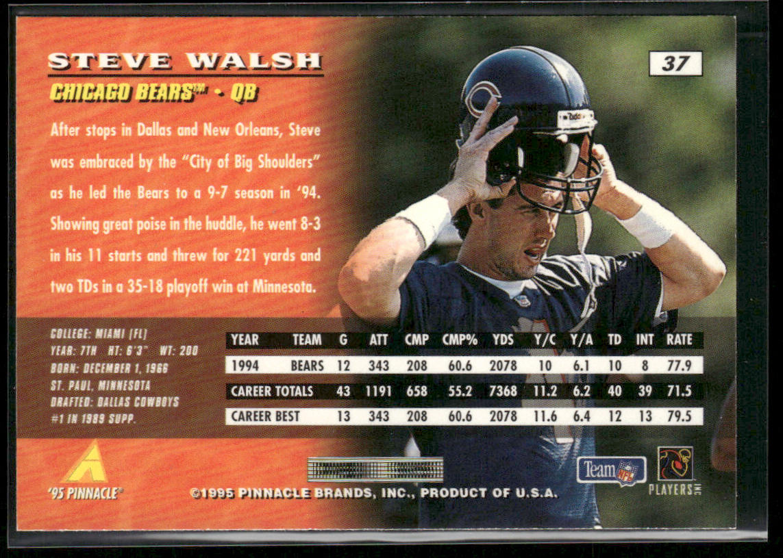 Steve Walsh 1995 Pinnacle #37 Chicago Bears