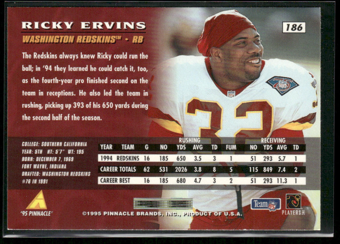 Ricky Ervins 1995 Pinnacle #186 Washington Redskins