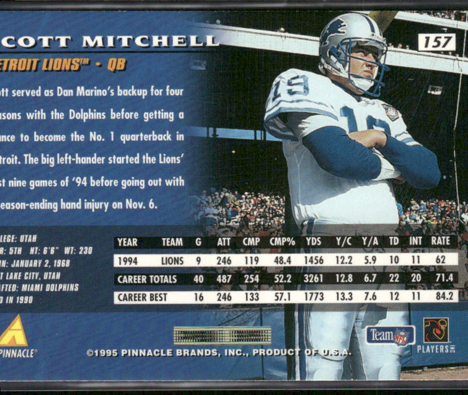 Scott Mitchell 1995 Pinnacle #157 Detroit Lions