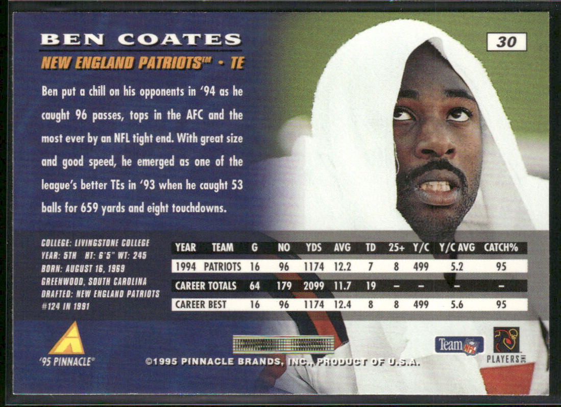 Ben Coates 1995 Pinnacle #30 New England Patriots
