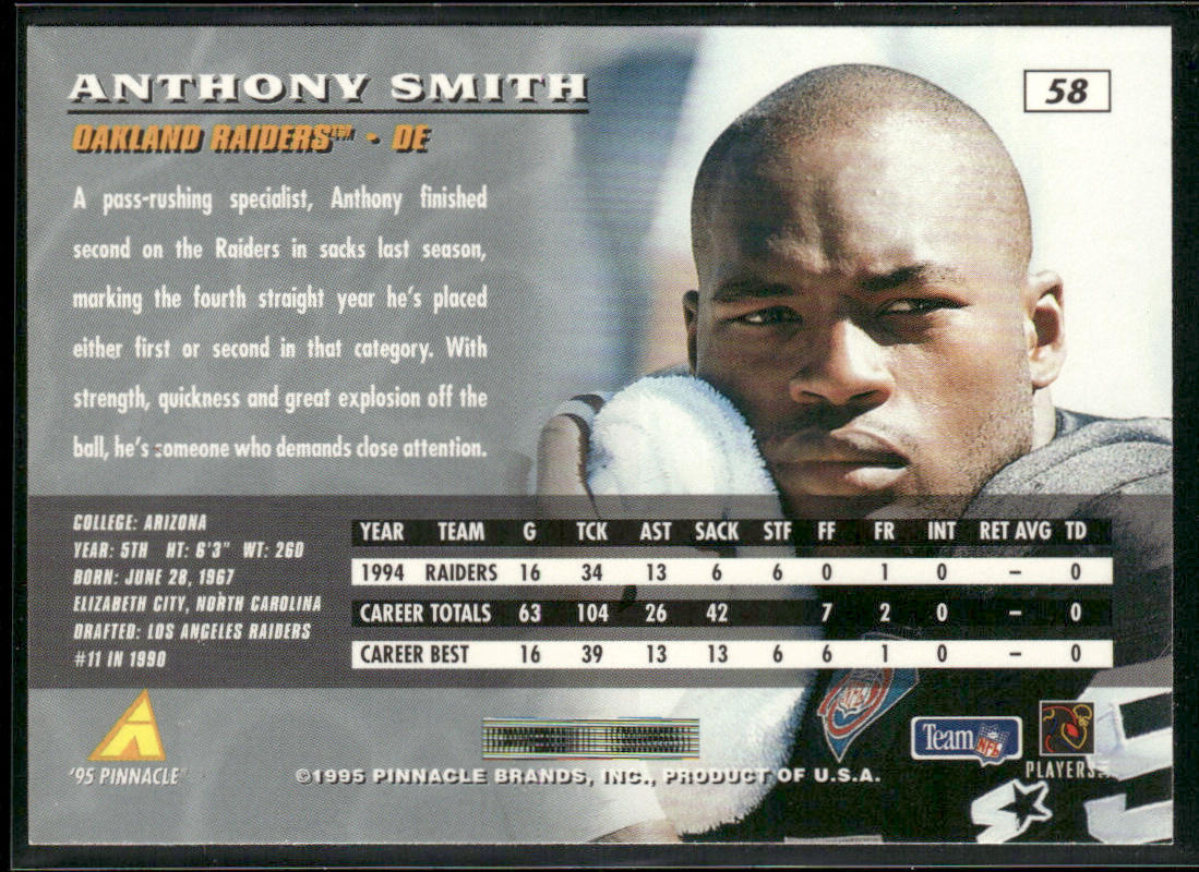 Anthony Smith 1995 Pinnacle #58 Oakland Raiders