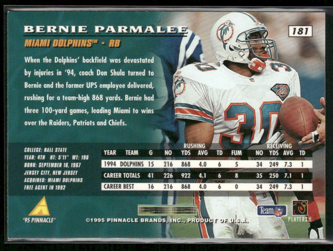 Bernie Parmalee 1995 Pinnacle #181 Miami Dolphins