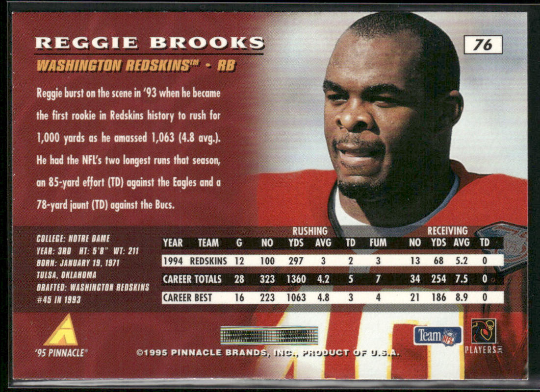 Reggie Brooks 1995 Pinnacle #76 Washington Redskins