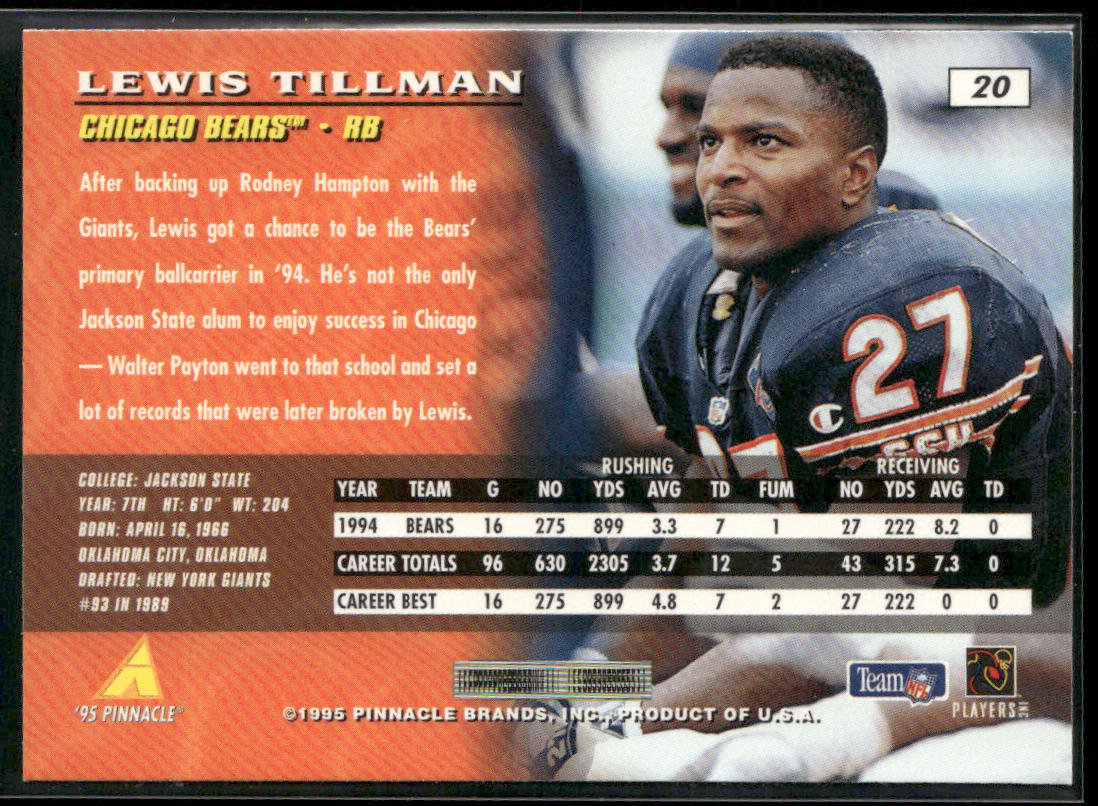 Lewis Tillman 1995 Pinnacle #20 Chicago Bears