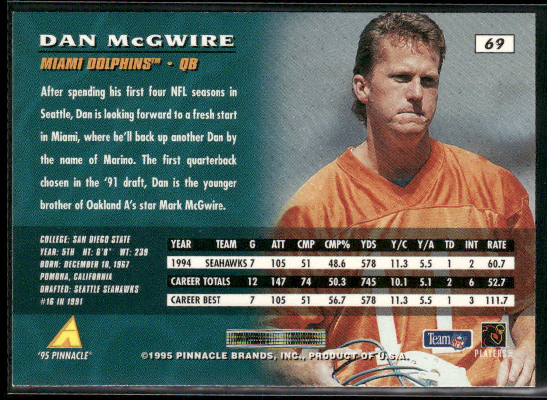 Dan McGwire 1995 Pinnacle #69 Miami Dolphins