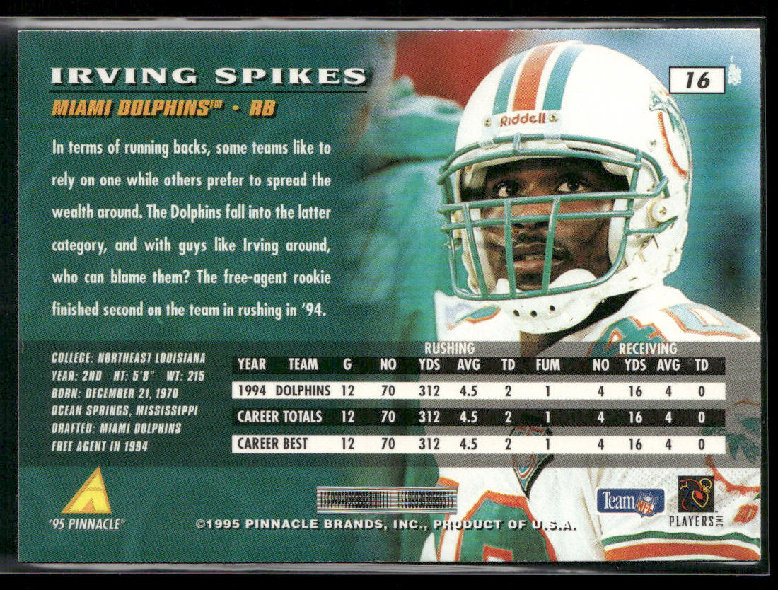 Irving Spikes 1995 Pinnacle #16 Miami Dolphins