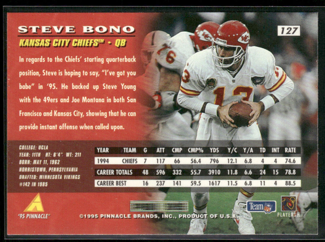 Steve Bono 1995 Pinnacle #127 Kansas City Chiefs