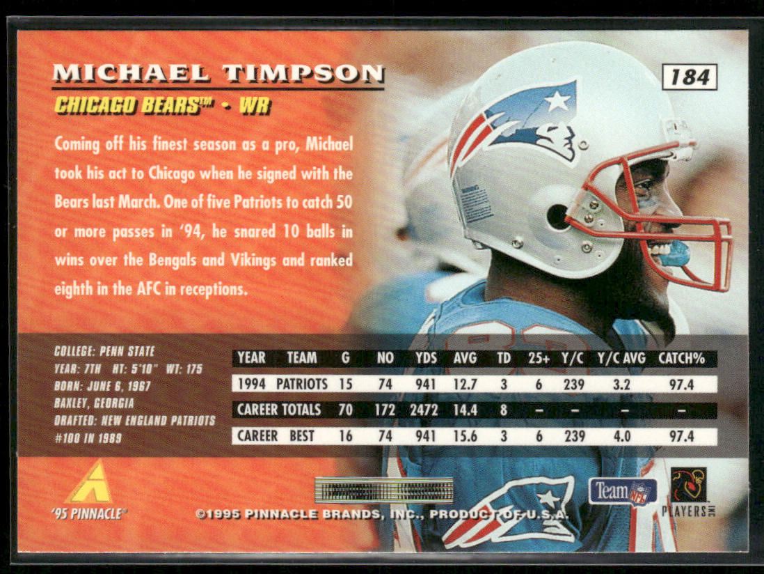 Michael Timpson 1995 Pinnacle #184 Chicago Bears