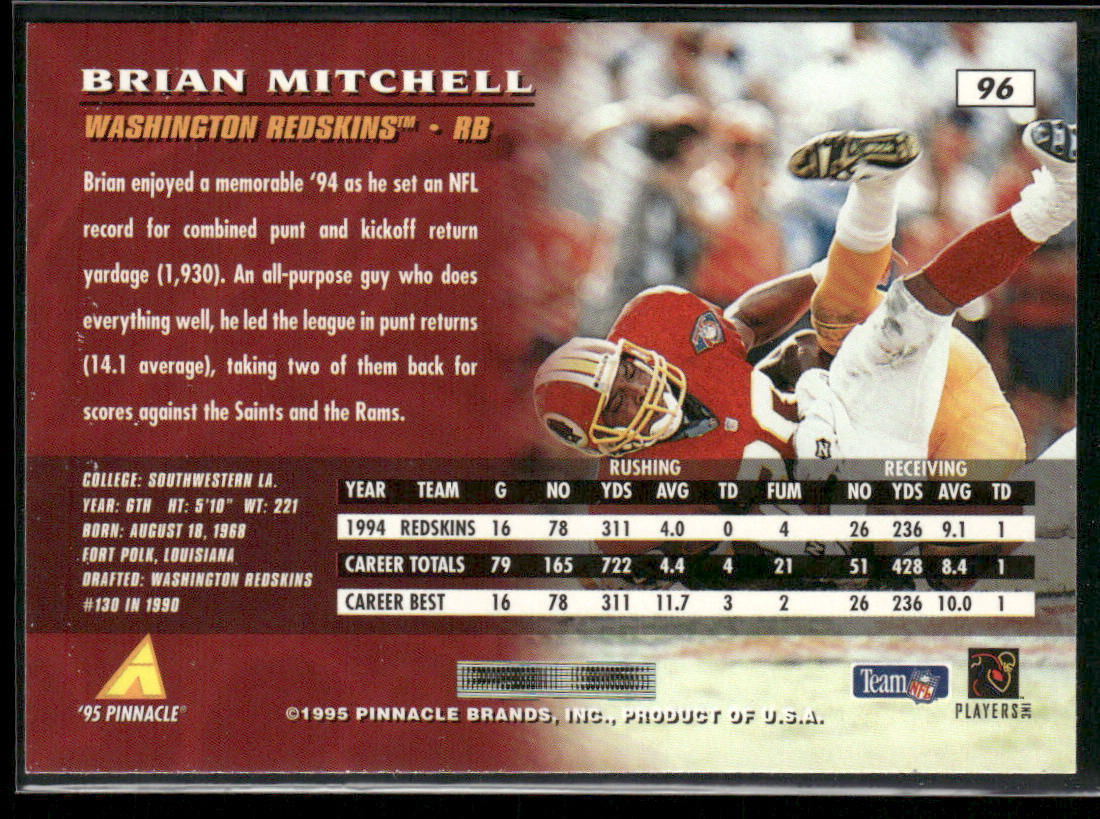Brian Mitchell 1995 Pinnacle #96 Washington Redskins