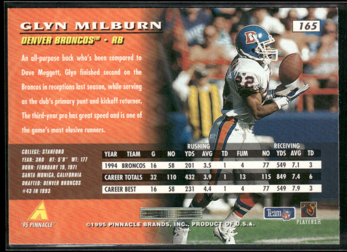 Glyn Milburn 1995 Pinnacle #165 Denver Broncos