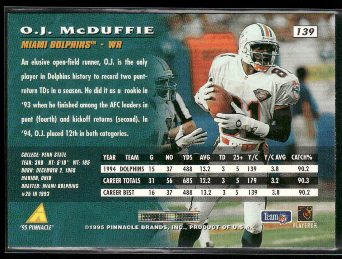 O.J. McDuffie 1995 Pinnacle #139 Miami Dolphins