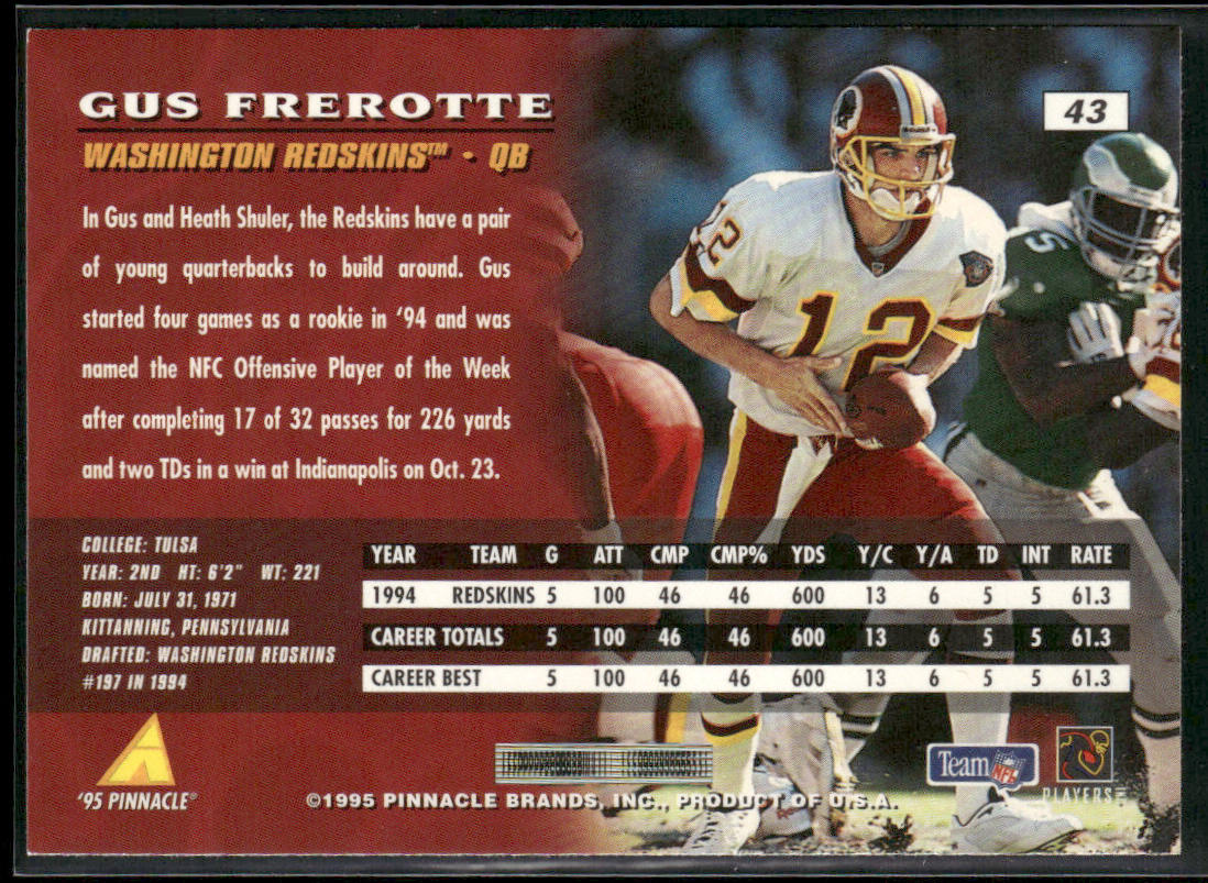 Gus Frerotte 1995 Pinnacle #43 Washington Redskins