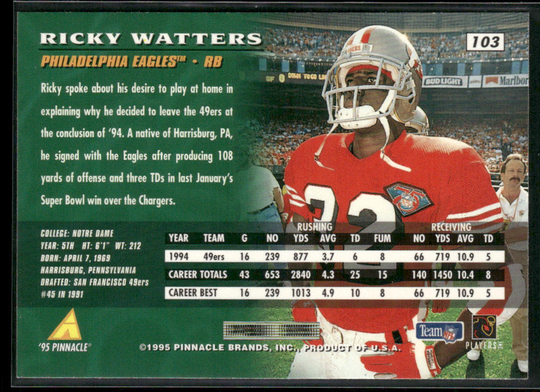 Ricky Watters 1995 Pinnacle #103 Philadelphia Eagles