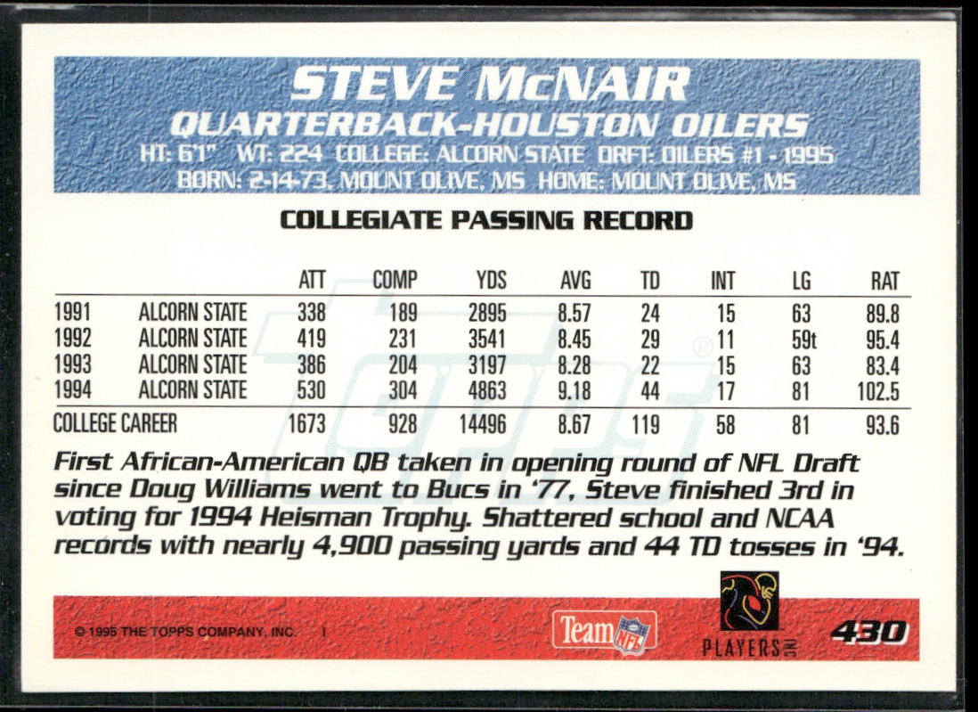 Steve McNair 1995 Topps #430 RC Houston Oilers