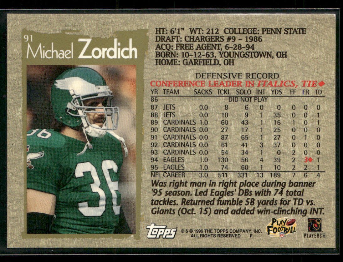 Michael Zordich 1996 Topps #91 Philadelphia Eagles