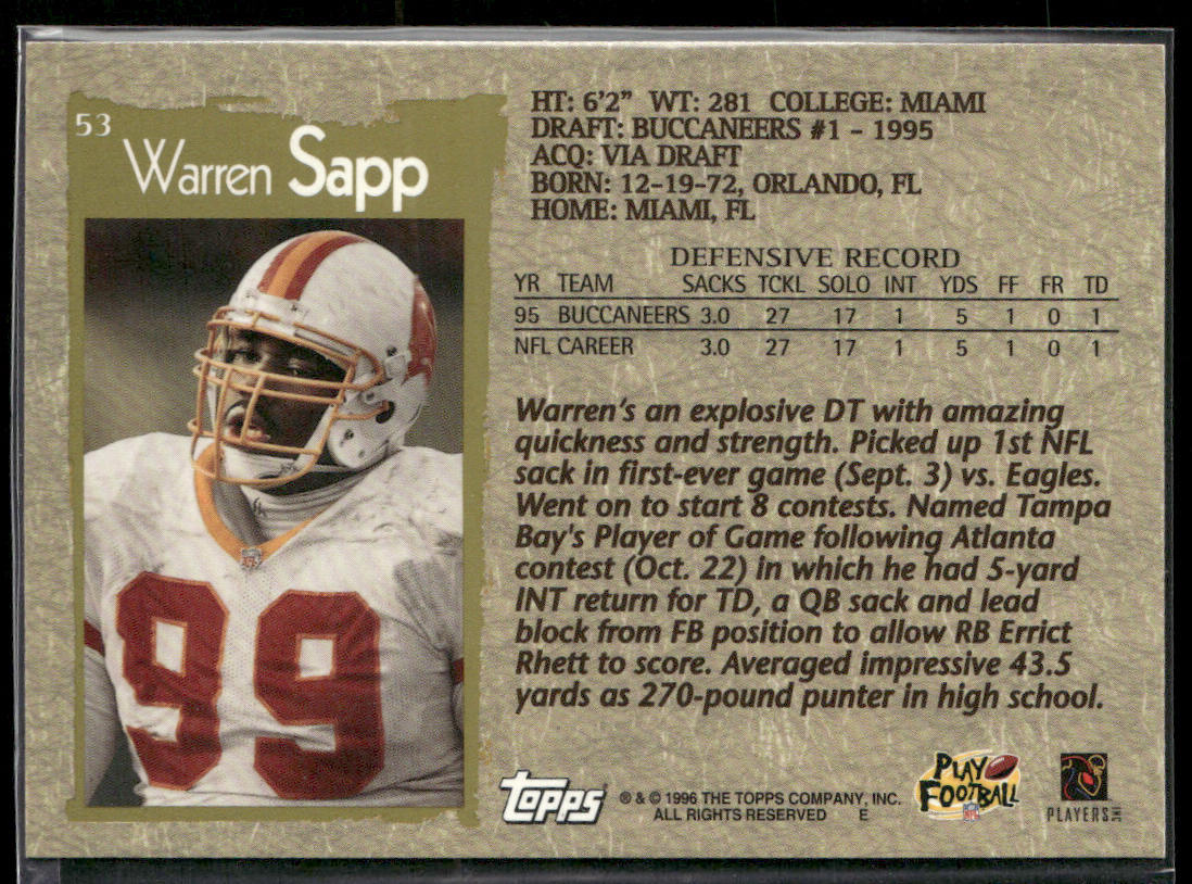 Warren Sapp 1996 Topps #53 Tampa Bay Buccaneers