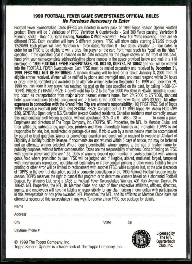 Ricky Williams 1999 Topps Season Opener Football Fever #NNO Game Date-October 10