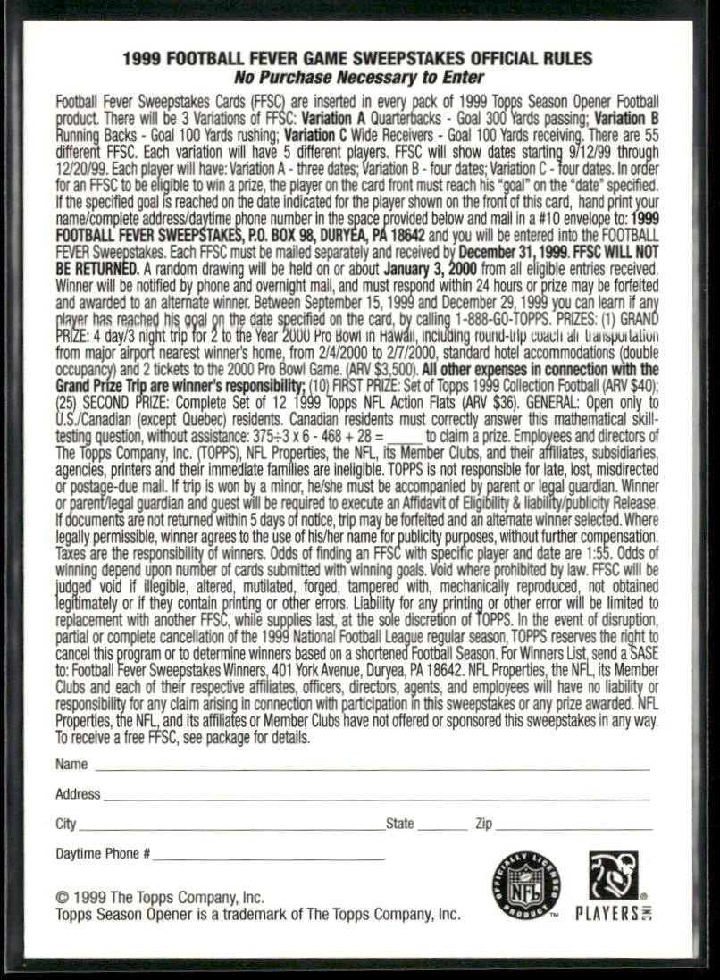 Randy Moss 1999 Topps Season Opener Football Fever #NNO Game Date-December 20