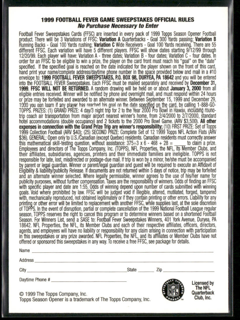 Ricky Williams 1999 Topps Season Opener Football Fever #NNO Game Date-October 31
