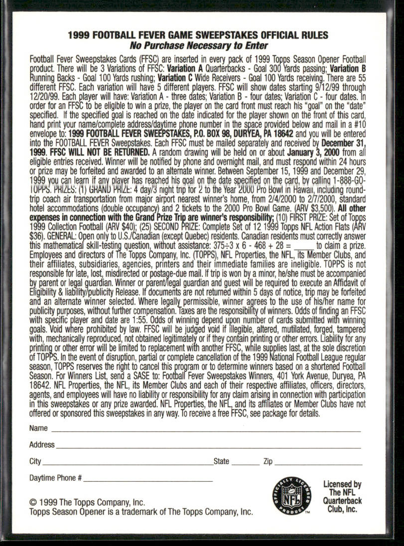 Ricky Williams 1999 Topps Season Opener Football Fever #NNO Game Date-October 3