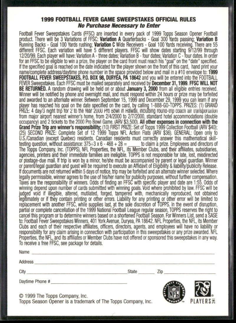 Randy Moss 1999 Topps Season Opener Football Fever #NNO Game Date-November 8