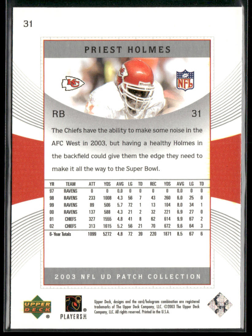 Priest Holmes 2003 UD Patch Collection #31 Kansas City Chiefs