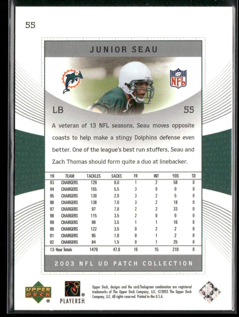 Junior Seau 2003 UD Patch Collection #55 Miami Dolphins