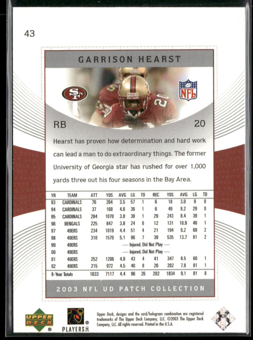 Garrison Hearst 2003 UD Patch Collection #43 San Francisco 49ers
