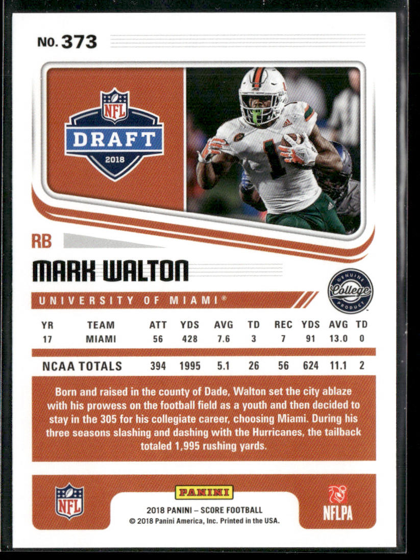 Mark Walton 2018 Score #373 RC Miami Hurricanes