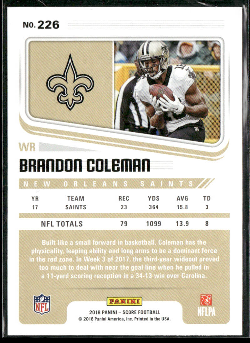 Brandon Coleman 2018 Score #226 New Orleans Saints