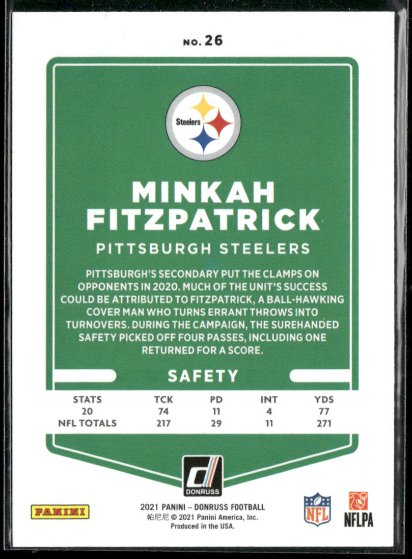 Minkah Fitzpatrick 2021 Donruss #26 Pittsburgh Steelers