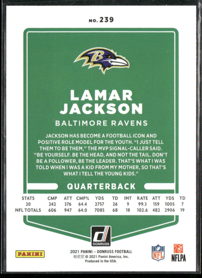Lamar Jackson 2021 Donruss #239b No Helmet Baltimore Ravens