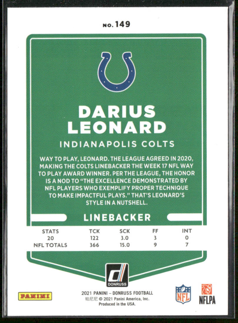 Darius Leonard 2021 Donruss #149 Indianapolis Colts