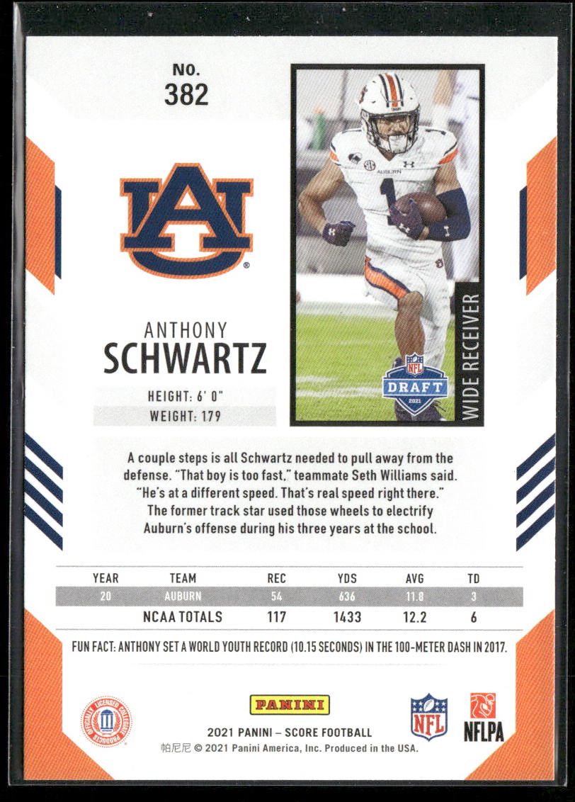 Anthony Schwartz 2021 Score #382 RC Auburn Tigers