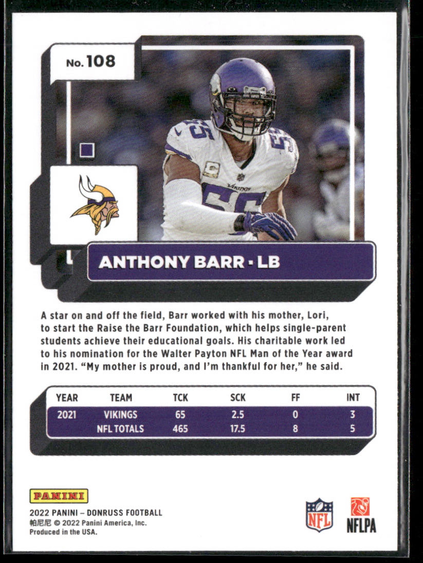 Anthony Barr 2022 Donruss #108 Minnesota Vikings back