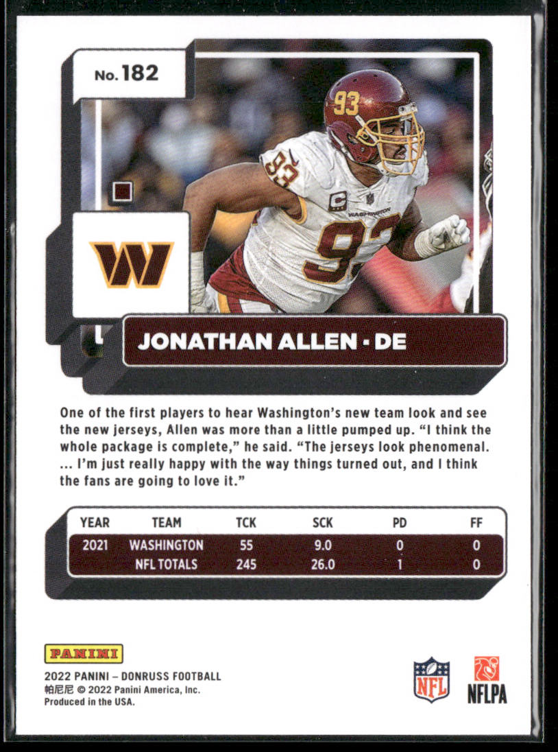 Jonathan Allen 2022 Donruss #182 Washington Commanders