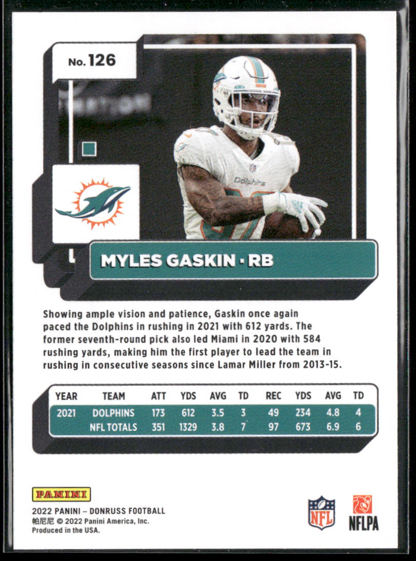 Myles Gaskin 2022 Donruss #126 Miami Dolphins back