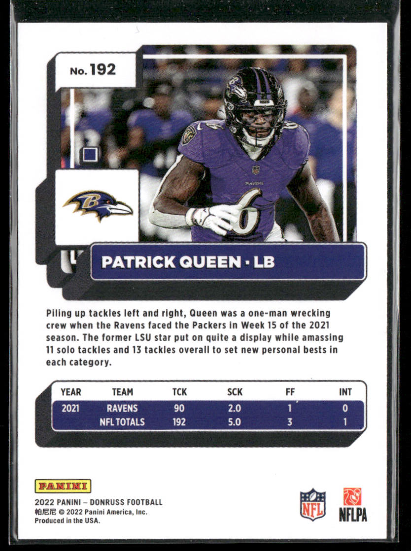 Patrick Queen 2022 Donruss #192 Baltimore Ravens back