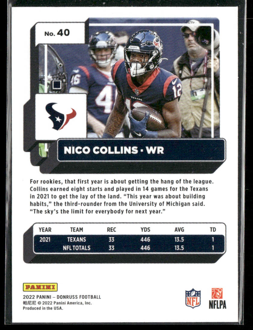Nico Collins 2022 Donruss #40 Houston Texans back