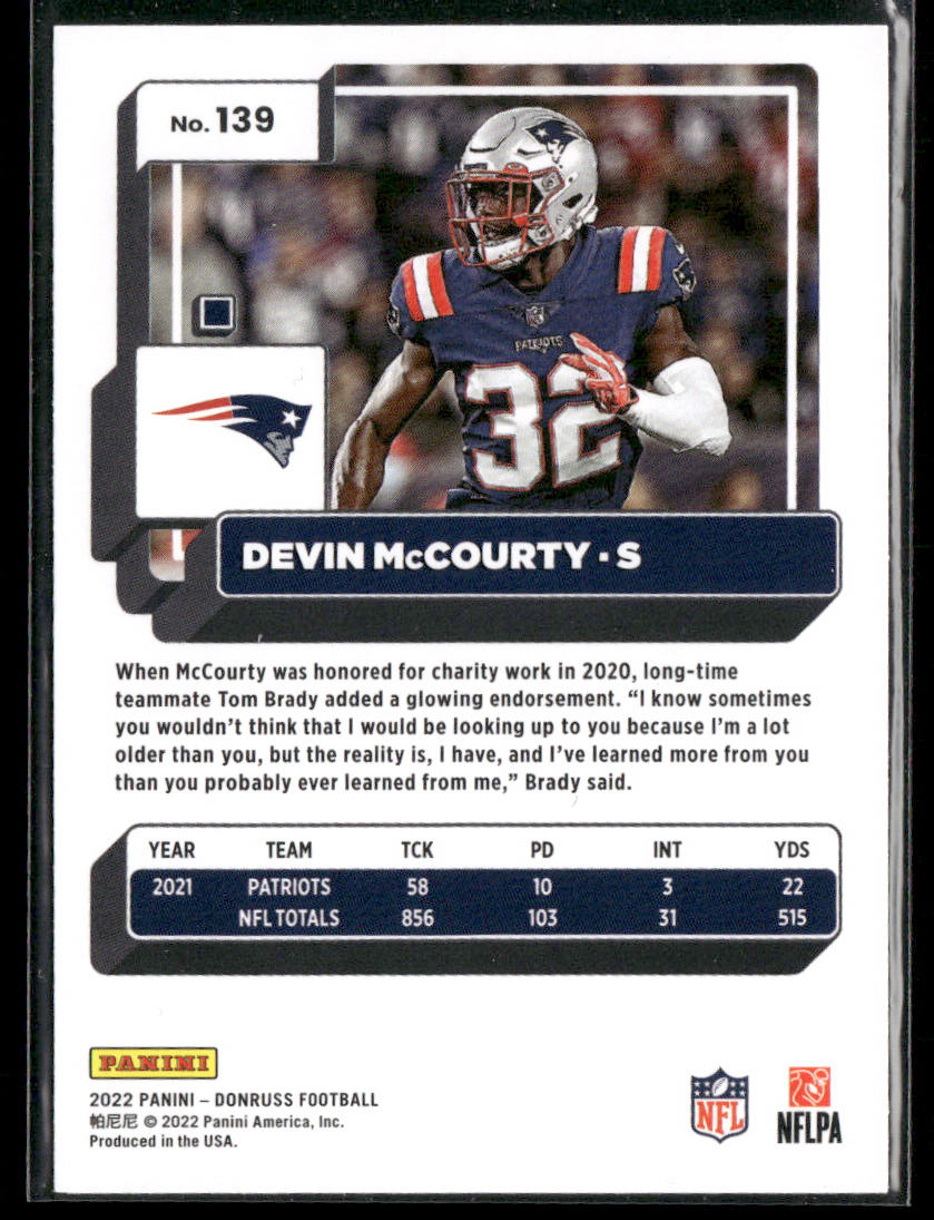 Devin McCourty 2022 Donruss #139 New England Patriots back