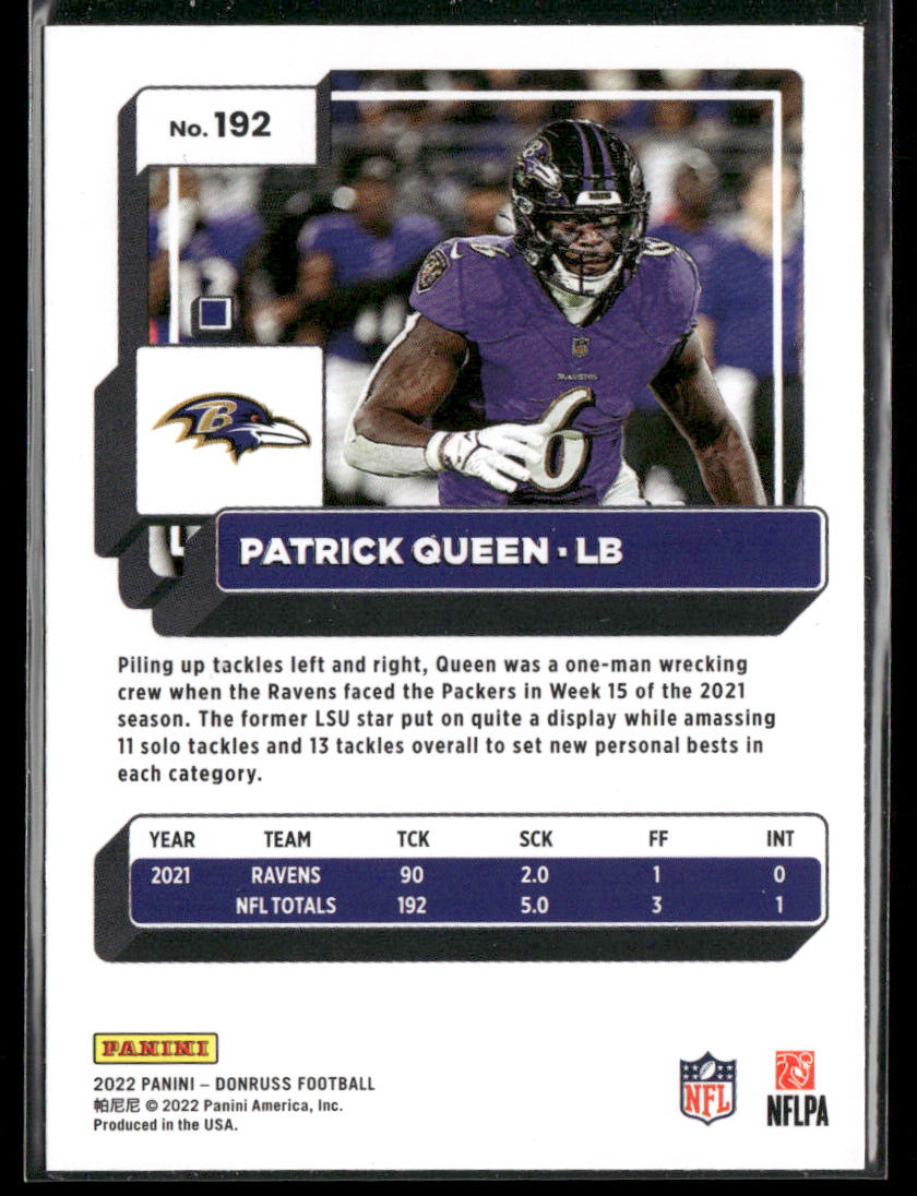 Patrick Queen 2022 Donruss #192 Baltimore Ravens back