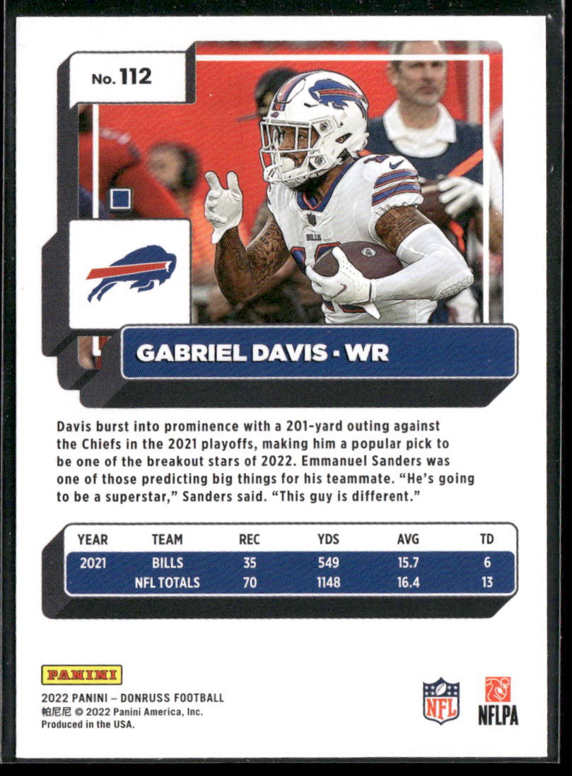 Gabriel Davis 2022 Donruss #112 Buffalo Bills back